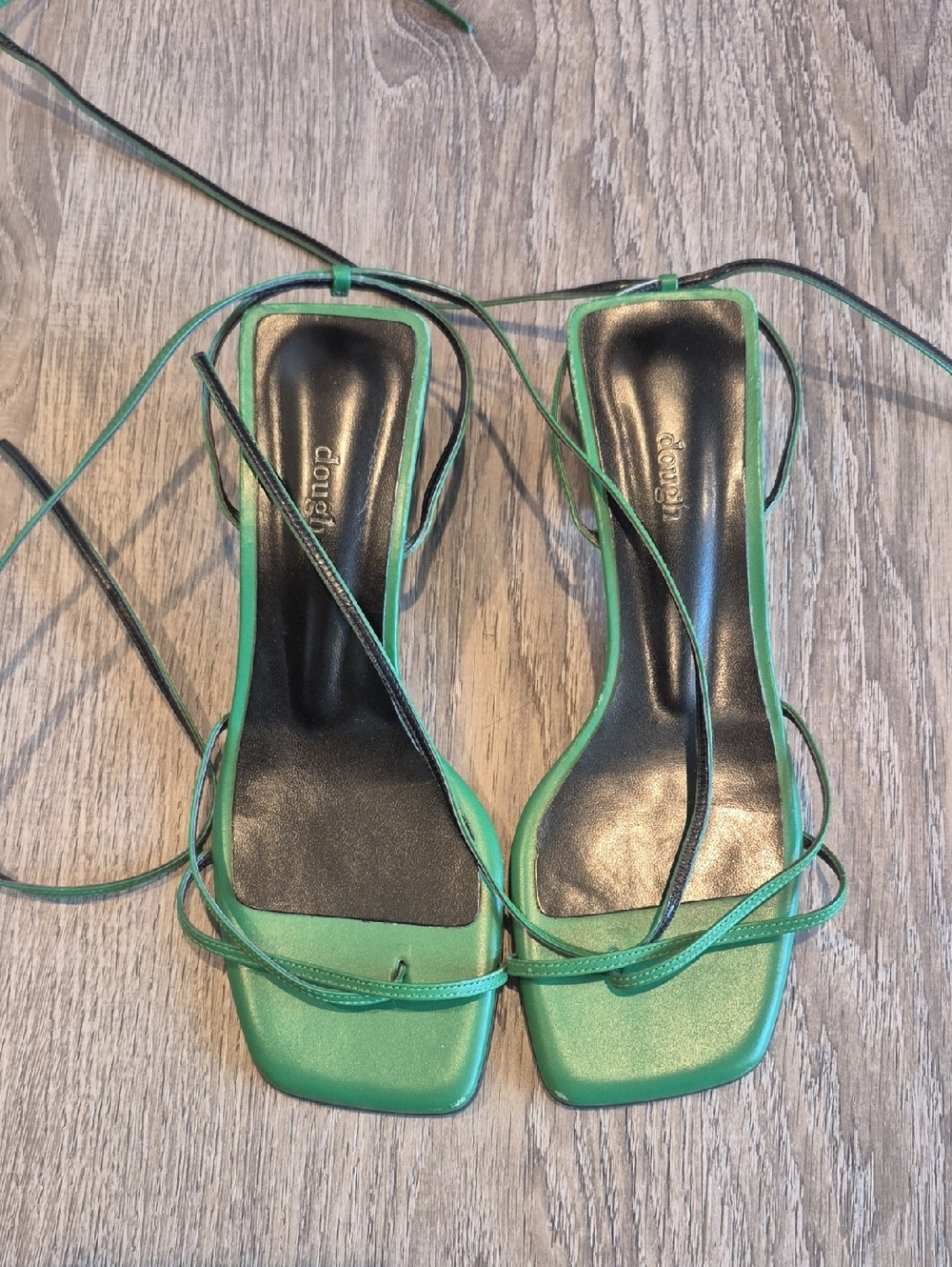 Green Strappy Square-Toe Lace-Up Heeled Sandals